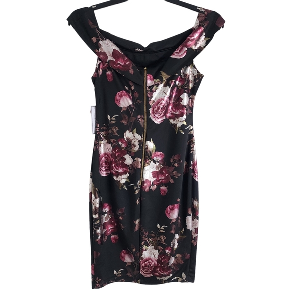 PREMIER AMOUR FLORAL OFF SHOULDER COCKTAIL DRESS Black/Burgundy/Silver S… - Picture 4 of 12